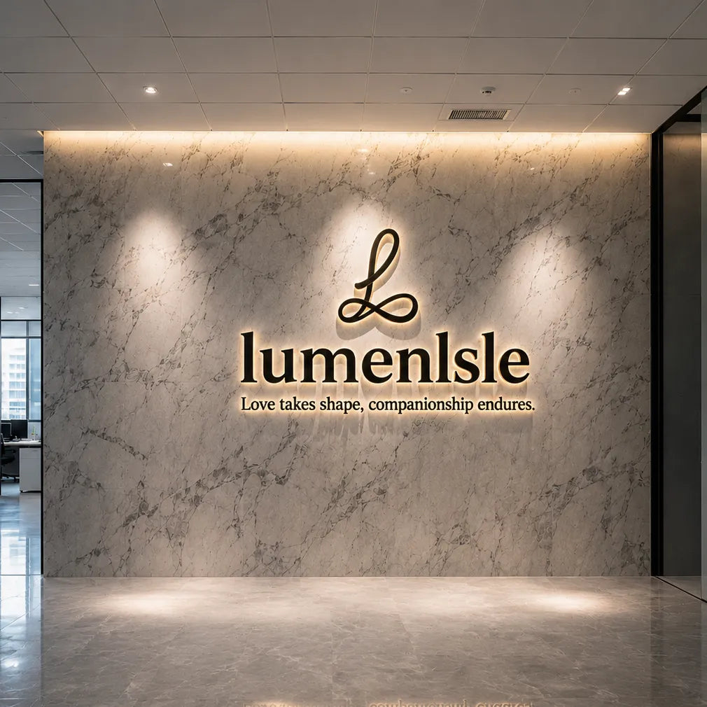 Lumenlisle logo on a marble wall in an office setting