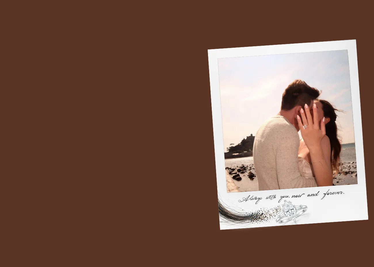 Polaroid-style photo of a couple on a beach with a brown border