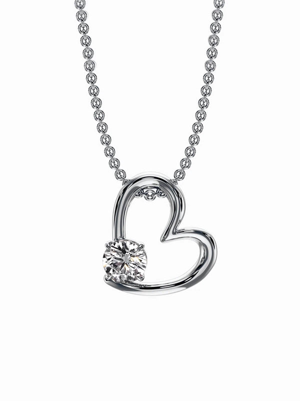 Silver heart-shaped pendant necklace with a diamond on a white background