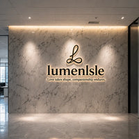 Lumenlisle logo on a marble wall in an office setting